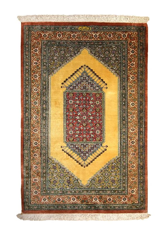 Persian Rug Qum Handmade Area Traditional 2'8"x3'11" (3x4) Yellow/Gold Red Open Field Kermani Herati Design #A35498