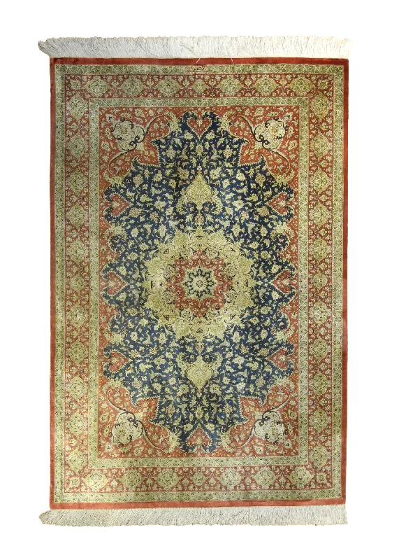 Persian Rug Qum Handmade Area Traditional 3'3"x4'10" (3x5) Blue Red Floral Shafieie Design #A35522