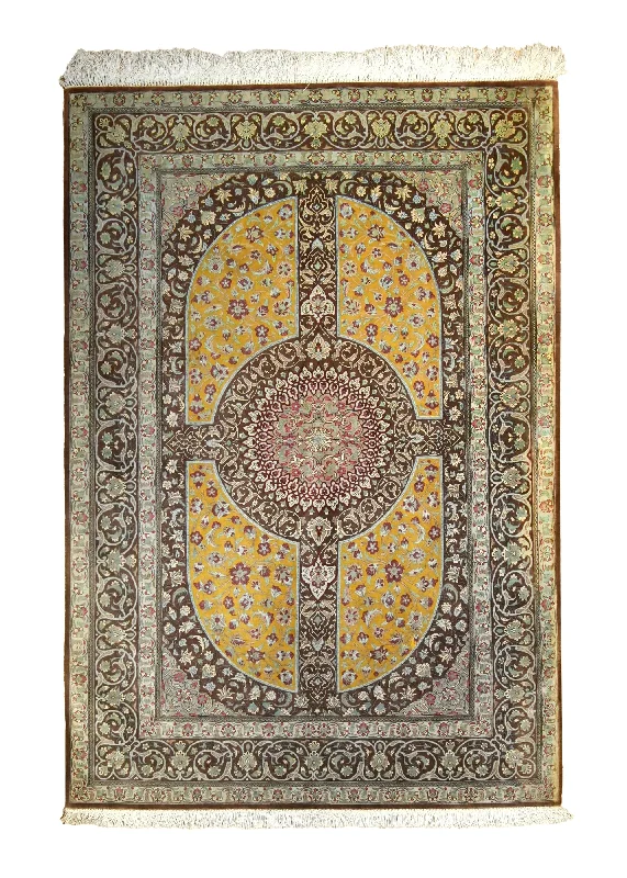 Persian Rug Qum Handmade Area Traditional 3'4"x4'11" (3x5) Brown Yellow/Gold Floral Design #A35510