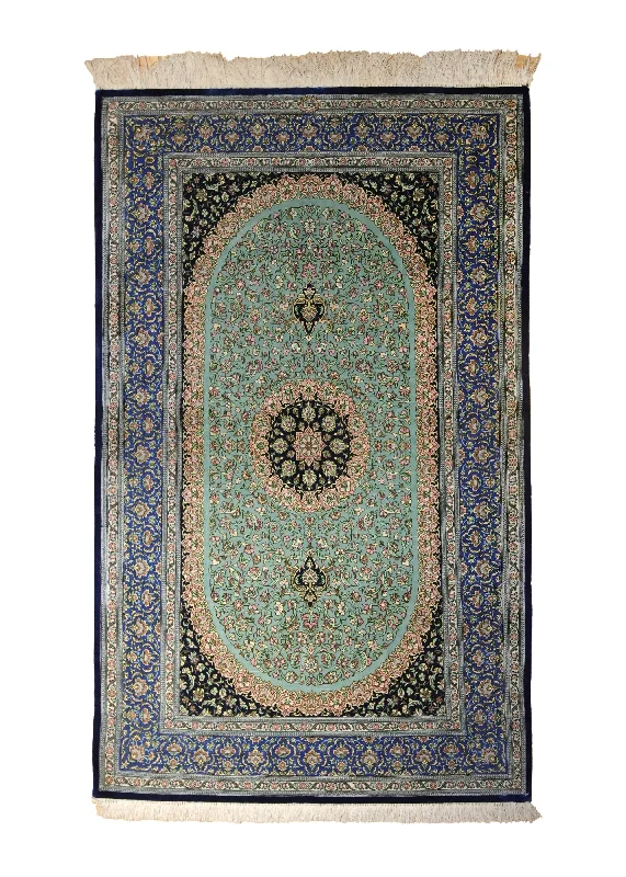 Persian Rug Qum Handmade Area Traditional 3'2"x5'0" (3x5) Green Blue Black Floral Arabi Design #A35509