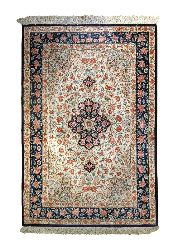 Persian Rug Qum Handmade Area Traditional 3'3"x4'10" (3x5) Whites/Beige Pink Floral Ahmadi Design #A35520