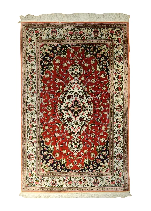 Persian Rug Qum Handmade Area Traditional 3'3"x5'0" (3x5) Whites/Beige Red Floral Design #A35497