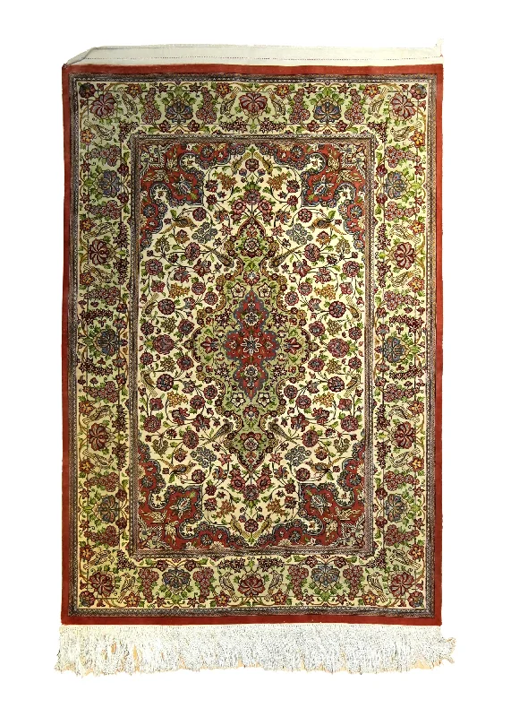 Persian Rug Qum Handmade Area Traditional 3'3"x4'9" (3x5) Whites/Beige Red Floral Design #A35518