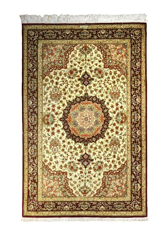 Persian Rug Qum Handmade Area Traditional 3'3"x5'0" (3x5) Whites/Beige Red Yellow/Gold Floral Mirmehdi Design #A35515