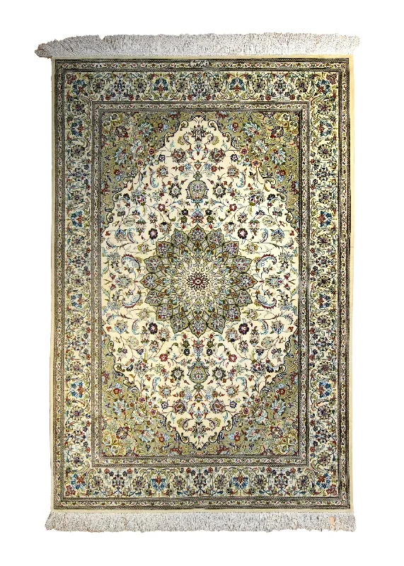 Persian Rug Qum Handmade Area Traditional 3'4"x5'1" (3x5) Whites/Beige Yellow/Gold Floral Mirmehdi Design #A35521