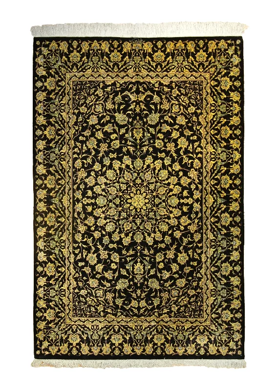 Persian Rug Qum Handmade Area Traditional 3'3"x4'10" (3x5) Yellow/Gold Black Floral Hosseini Design #A35514