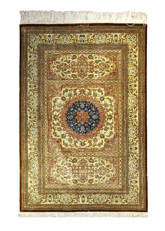 Persian Rug Qum Handmade Area Traditional 3'3"x4'9" (3x5) Yellow/Gold Blue Floral Mirmehdi Design #A35517