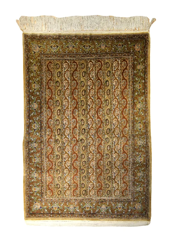 Persian Rug Qum Handmade Area Traditional 3'8"x5'3" (4x5) Yellow/Gold Green Paisley/Boteh Design #A35516