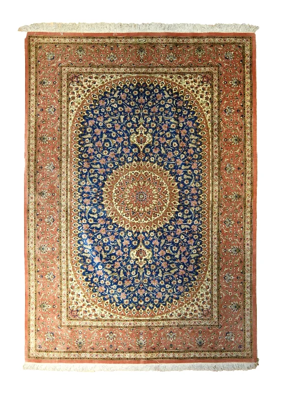 Persian Rug Qum Handmade Area Traditional 4'6"x6'6" (5x7) Orange Blue Floral Ma'soomi Design #A35488