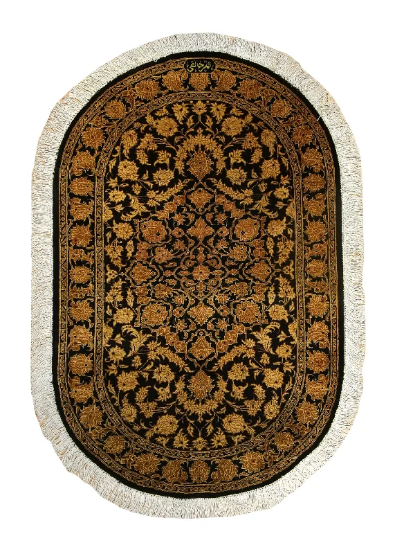 Persian Rug Qum Handmade Round Traditional 1'11"x2'11" (2x3) Yellow/Gold Black Floral Khaleghi Design #A35508