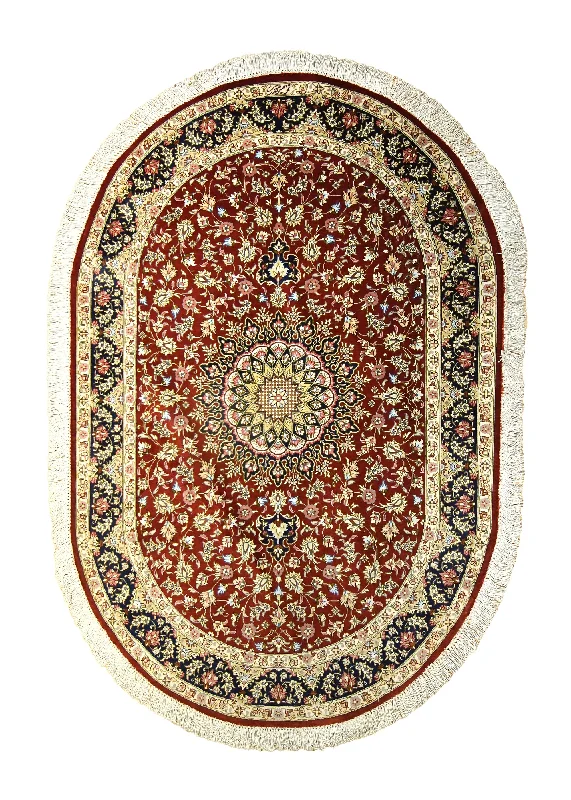 Persian Rug Qum Handmade Round Traditional 2'8"x4'0" (3x4) Red Blue Yellow/Gold Floral Mirmehdi Oval Design #A35501