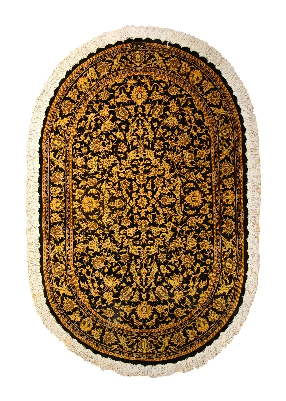 Persian Rug Qum Handmade Round Traditional 2'6"x4'0" (3x4) Yellow/Gold Black Geometric Khaleghi Oval Versace Design #A35500