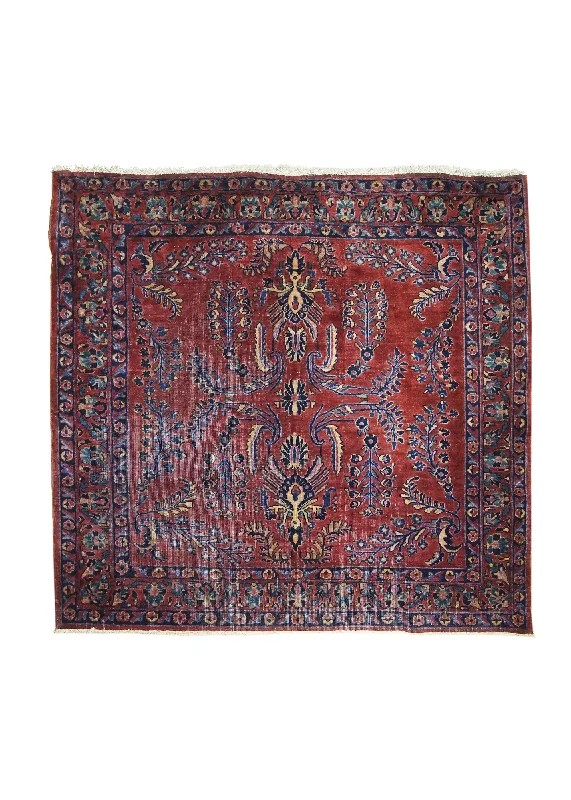 Persian Rug Sarouk Handmade Square Traditional Antique 4'2"x4'5" (4x4) Red Blue Floral Design #A16186