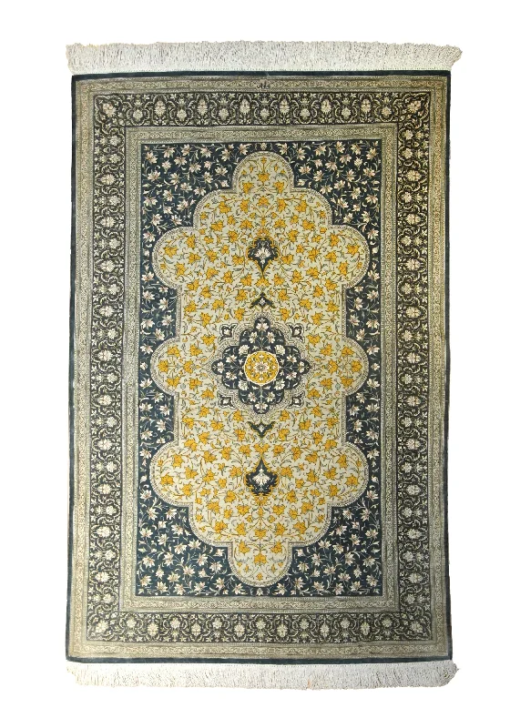 Persian Rug Saveh Handmade Area Traditional 3'3"x4'11" (3x5) Blue Yellow/Gold Green Floral Ghaem Design #A35519