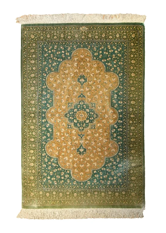 Persian Rug Saveh Handmade Area Traditional 3'2"x4'10" (3x5) Green Orange Floral Ghaem Design #A35512