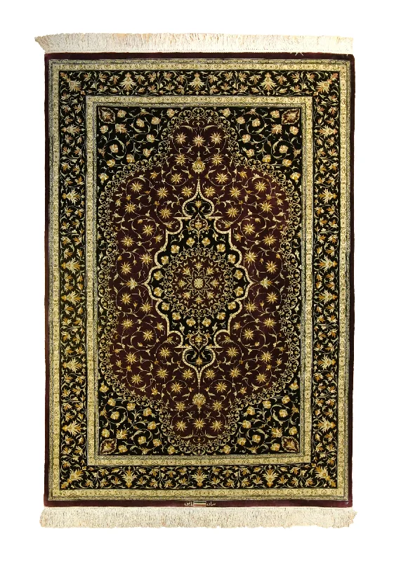 Persian Rug Saveh Handmade Area Traditional 3'3"x4'9" (3x5) Red Yellow/Gold Black Floral Naini Design #A35511