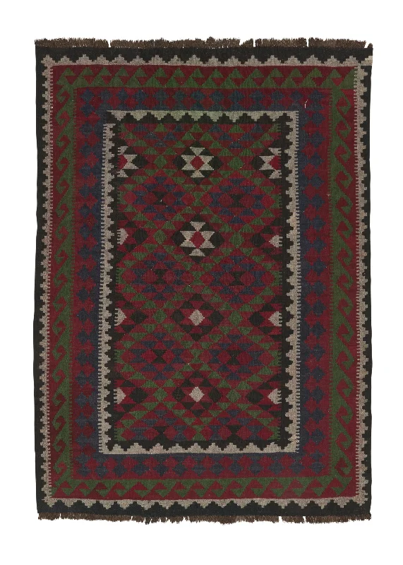 Persian Rug Shiraz Handmade Area Tribal 4'4"x5'11" (4x6) Green Black Multi-color Kilim Geometric Design #34075