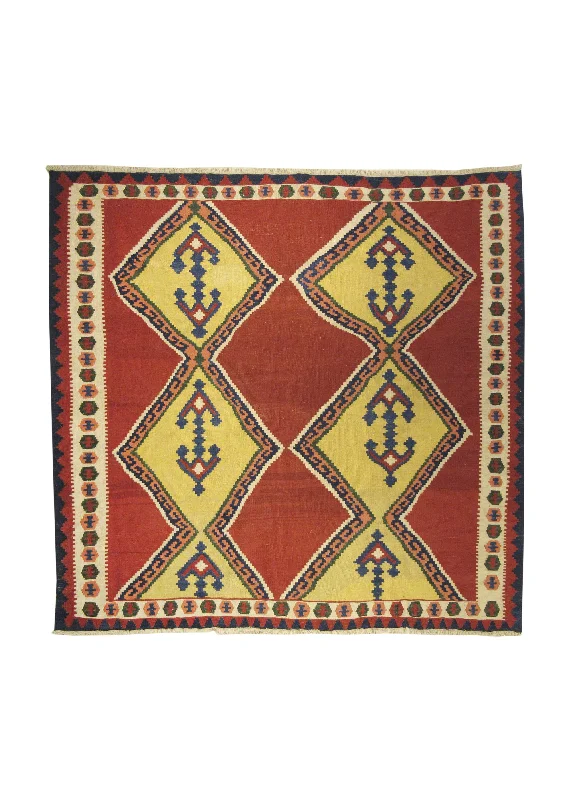 Persian Rug Shiraz Handmade Square Tribal 6'6"x6'9" (7x7) Red Yellow/Gold Multi-color Kilim Geometric Design #A11194