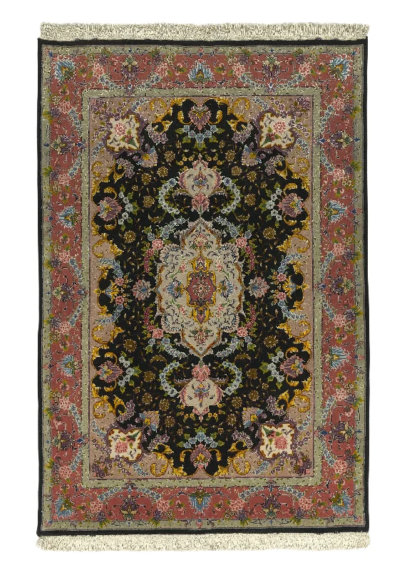 Persian Rug Tabriz Handmade Area Traditional 3'3"x4'10" (3x5) Black Pink Floral Naghsh Design #30433