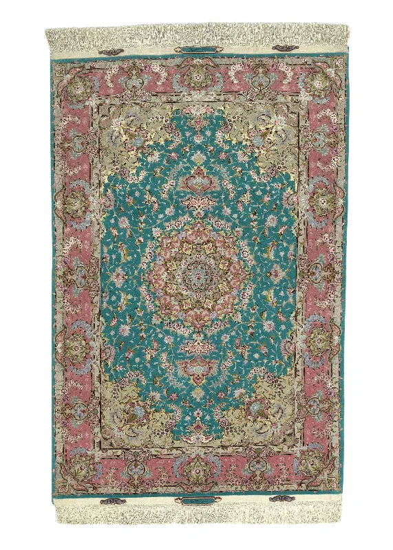 Persian Rug Tabriz Handmade Area Traditional 3'4"x4'10" (3x5) Green Pink Floral Naghsh Design #30489