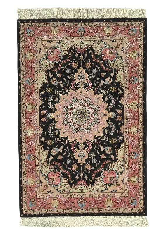 Persian Rug Tabriz Handmade Area Traditional 3'3"x4'11" (3x5) Pink Black Floral Naghsh Design #30445