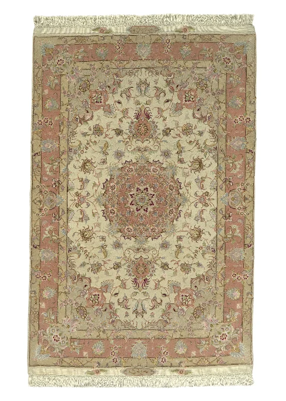 Persian Rug Tabriz Handmade Area Traditional 3'4"x5'0" (3x5) Pink Whites/Beige Floral Naghsh Design #30440