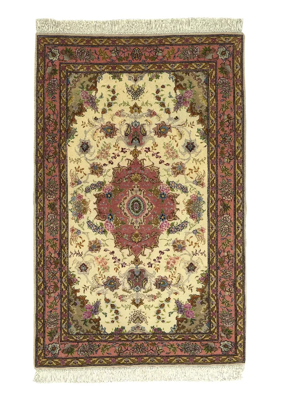 Persian Rug Tabriz Handmade Area Traditional 3'2"x5'0" (3x5) Pink Whites/Beige Floral Naghsh Design #30441