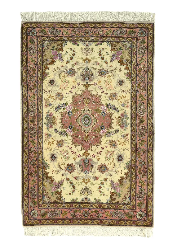 Persian Rug Tabriz Handmade Area Traditional 3'2"x5'0" (3x5) Pink Whites/Beige Floral Naghsh Design #30442