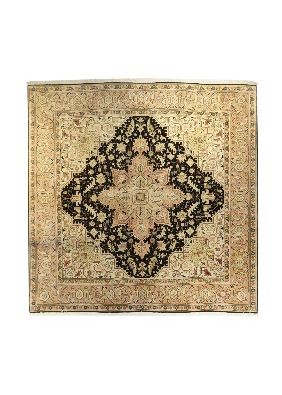 Persian Rug Tabriz Handmade Square Traditional 6'7"x6'7" (7x7) Black Pink Whites/Beige Geometric Heriz Design #A15838