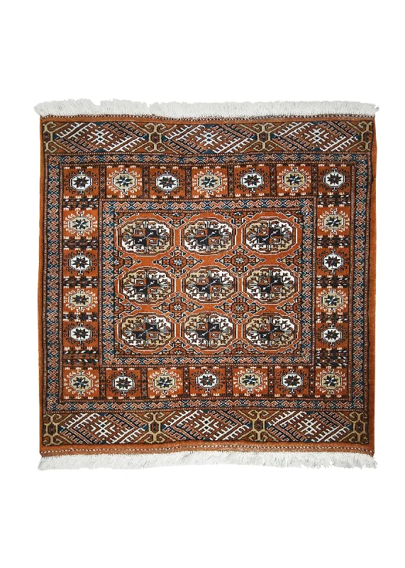 Persian Rug Turkmen Handmade Square Tribal 3'4"x3'5" (3x3) Orange Elephant Foot Bokhara Design #A20790