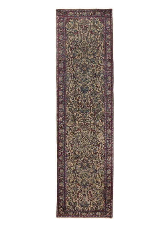 Persian Rug Yazd Handmade Runner Traditional 3'1"x11'0" (3x11) Whites/Beige Blue Red Floral Design #27046