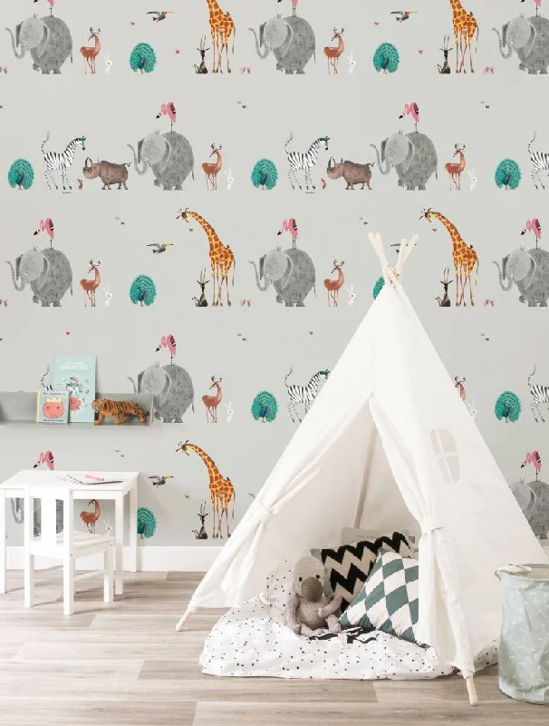 Animal Mix Kids Wallpaper in Grey by KEK Amsterdam