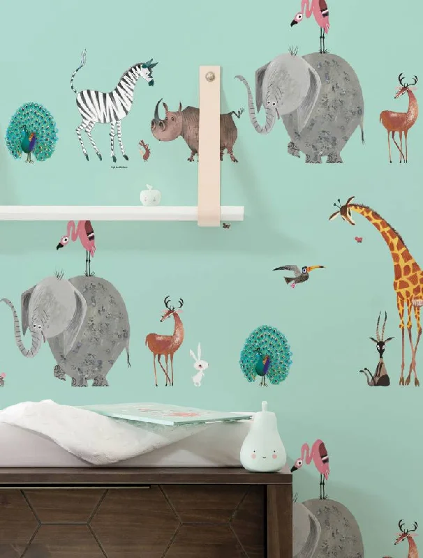 Animal Mix Kids Wallpaper in Mint by KEK Amsterdam