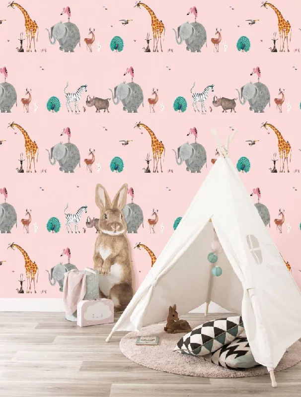 Animal Mix Kids Wallpaper in Pink by KEK Amsterdam