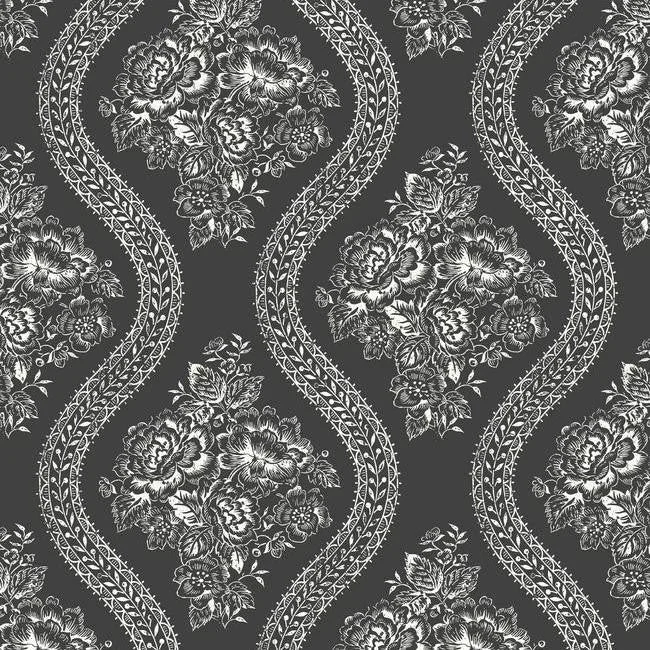 Coverlet Floral Wallpaper in Black and White from the Magnolia Home Collection