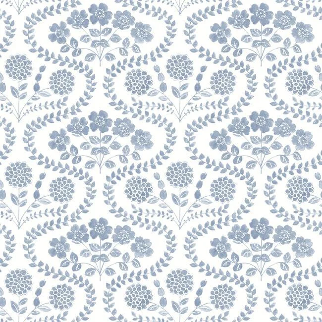 Folksy Floral Wallpaper in Blue and White from the Simply Farmhouse Collection