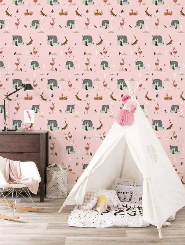 Forest Animals Kids Wallpaper in Pink by KEK Amsterdam