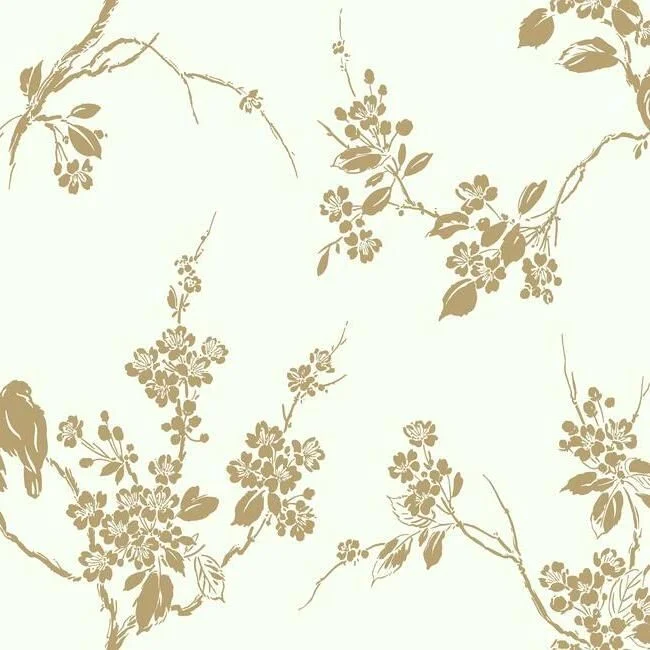 Imperial Blossoms Branch Wallpaper in Gold and White from the Silhouettes Collection