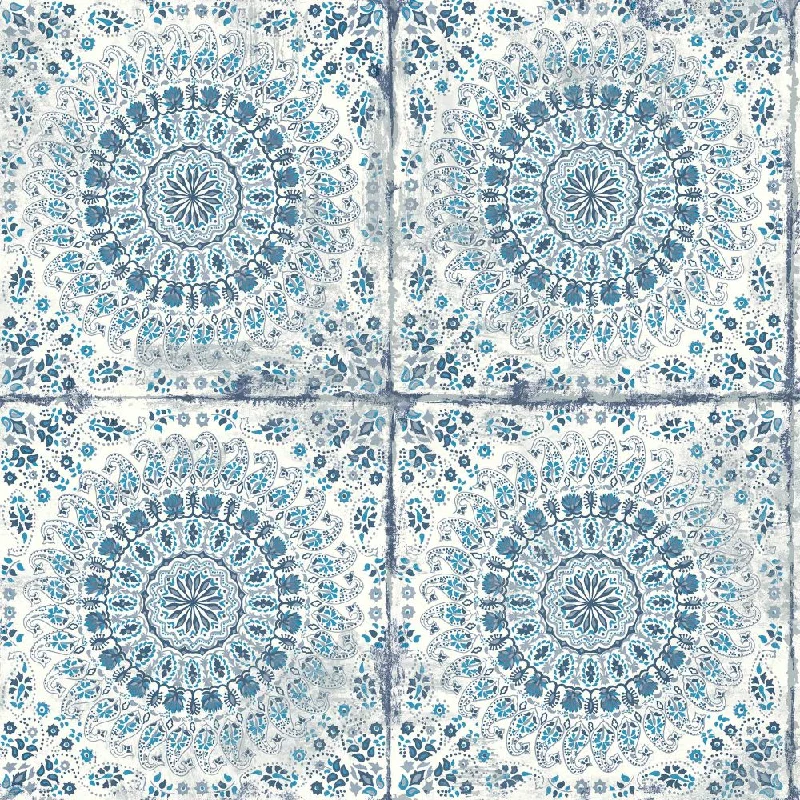 Mandala Boho Tile Wallpaper in Cerulean and Washed Denim