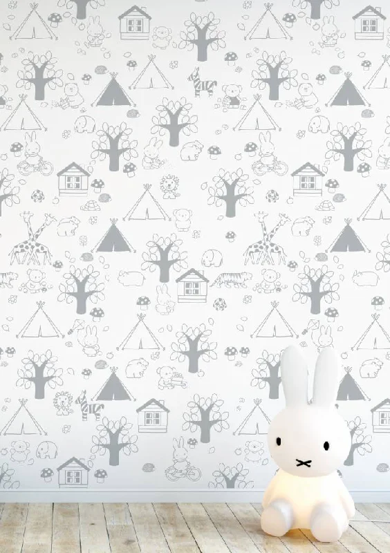 Miffy Outdoor Fun Kids Wallpaper in Grey by KEK Amsterdam