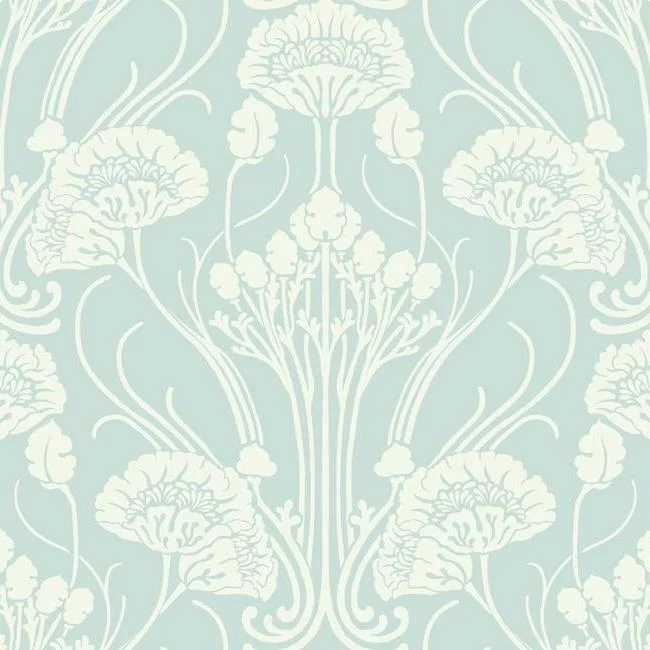 Nouveau Damask Wallpaper in Blue and Ivory from the Deco Collection