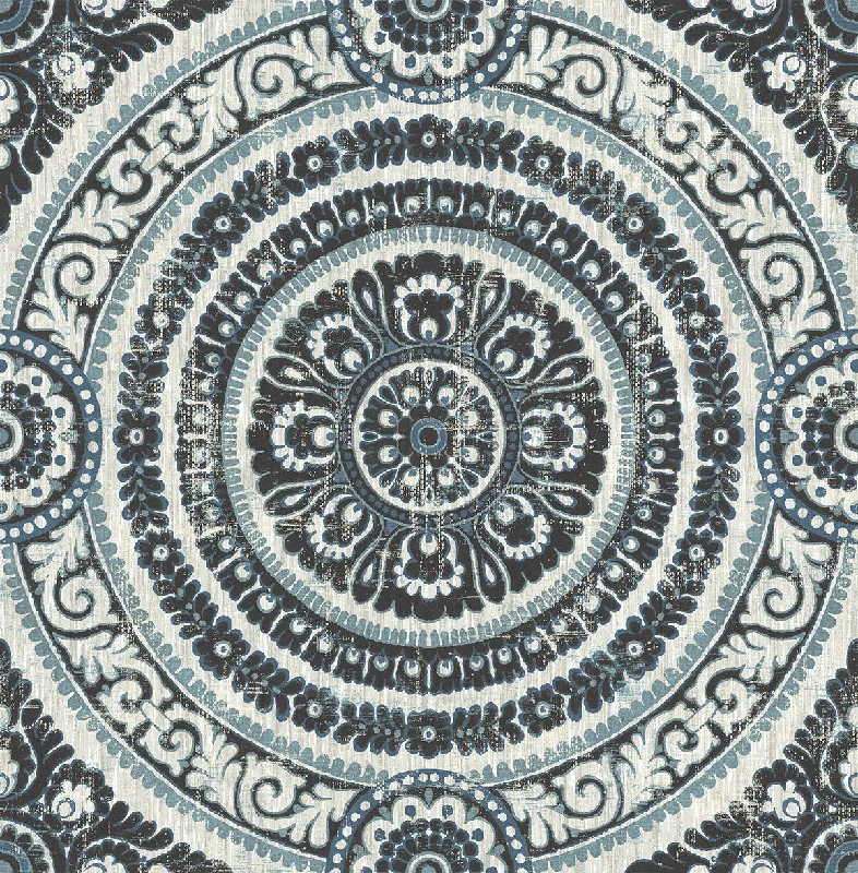 Ornate Round Tile Wallpaper in Black and Blue from the Caspia Collection