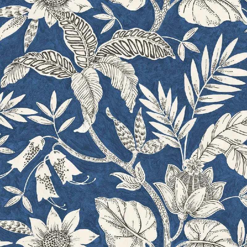 Rainforest Leaves Wallpaper in Sapphire/Brushed Ebony from the Boho Rhapsody Collection