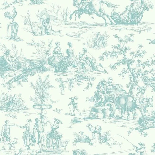 Seasons Toile Wallpaper in Teal from the Grandmillennial Collection