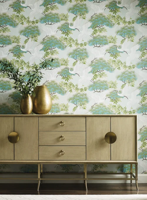 Sprig & Heron Wallpaper in Teal from the Tea Garden Collection