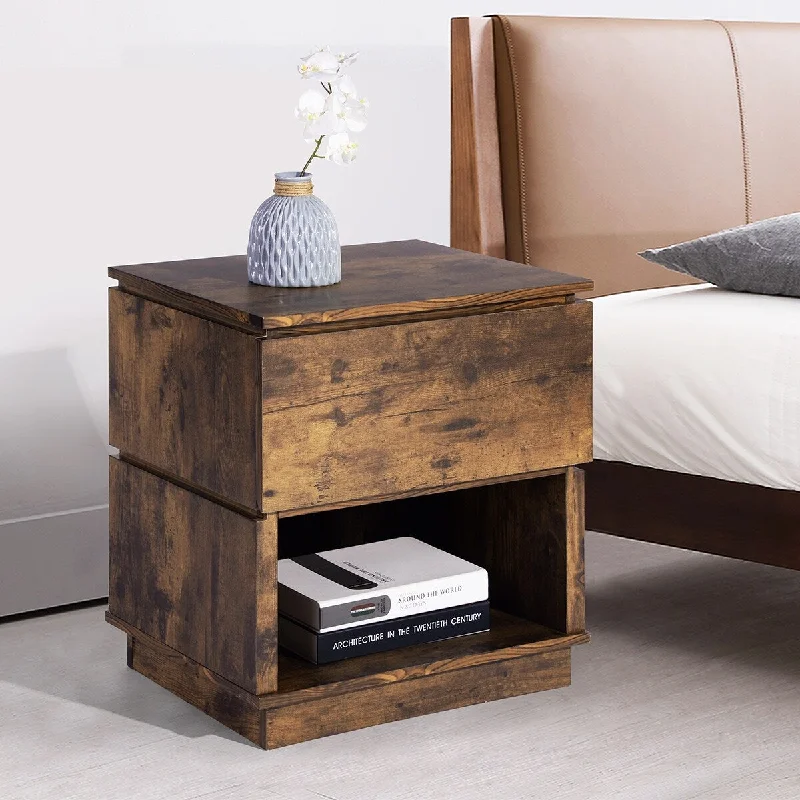 19.7" Walnut Finish Nightstand with Drawer and Open Storge Area for Bedroom