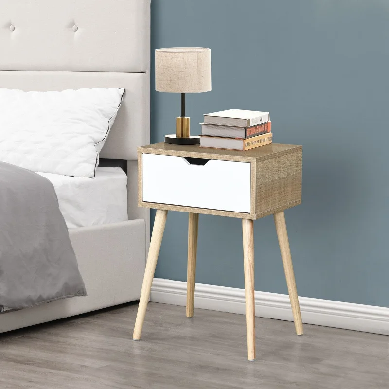 2pcs Side Table with 1 Drawer and Rubber Wood Legs Mid-century Modern Storage Cabinet for Bedroom Living Room Furniture