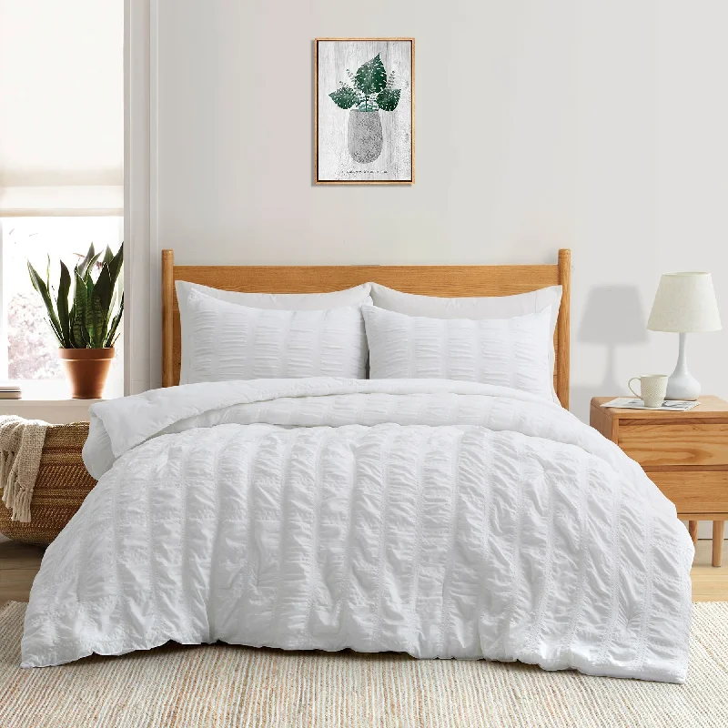 3-Piece Seersucker Bubble Ruffled Chic Textured Comforter Set, Lightweight Bedding Set