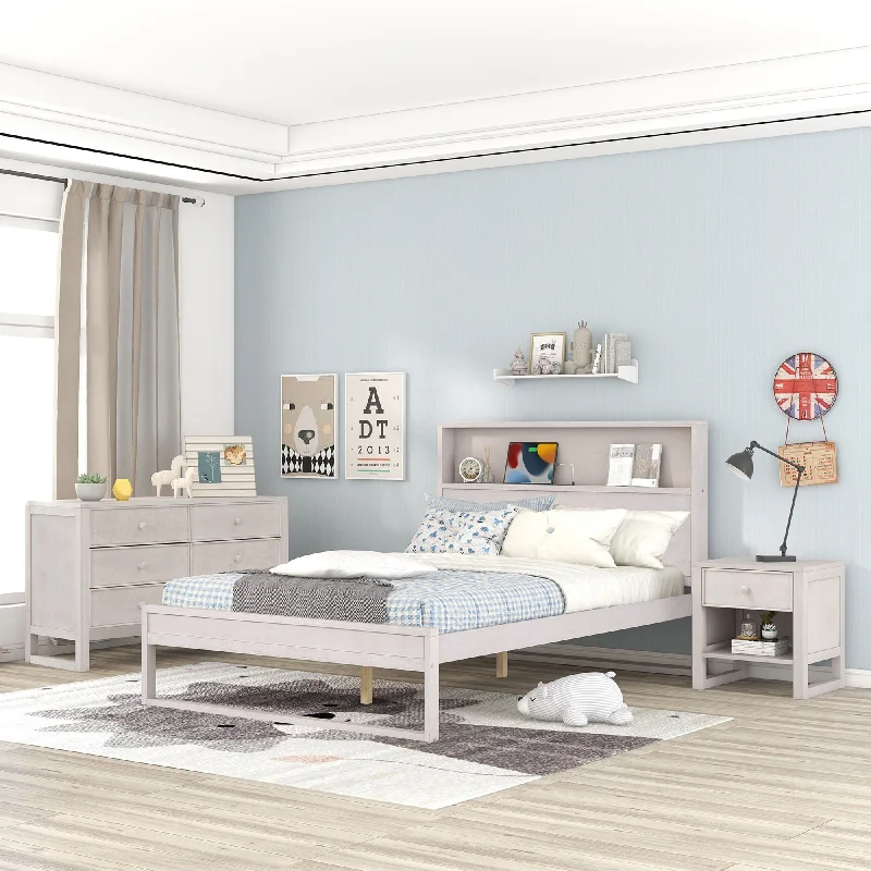 3-Pieces Bedroom Sets Platform Bed with Nightstand and Dresser