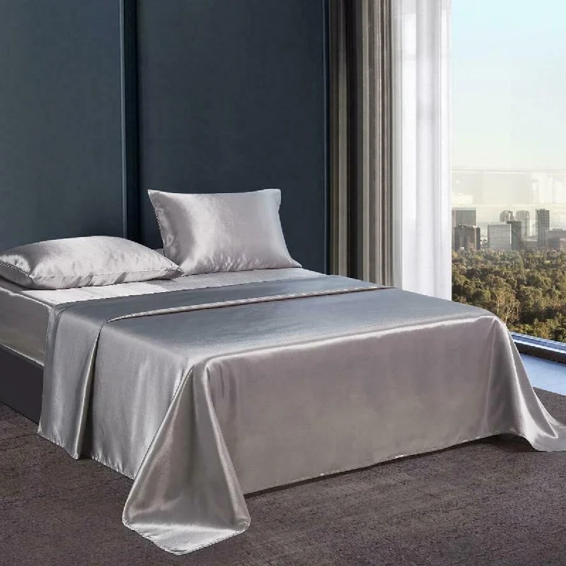 4 PC Satin Silky Soft Bed Sheet Queen Grey